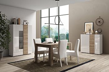 Soggiorno moderno, 1 madia,1 vetrina e 1 tavolo, Kadiz e Bianco lucido