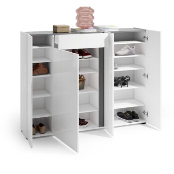 Scarpiera moderna bianca lucida, 4 ante 1 cassetto, prof. 34 cm.