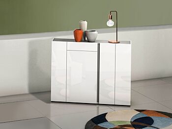 Scarpiera moderna bianca lucida, 4 ante 1 cassetto, prof. 34 cm.