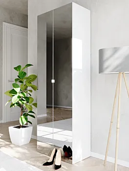 Scarpiera con 2 ante a specchio, 63x186x35 h cm, Bianco lucido