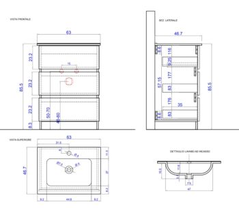 Mobile da bagno a terra con 3 cassetti, L.63 cm