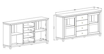 Credenza 2 ante e 4 cassetti, finitura verde scuro e quercia