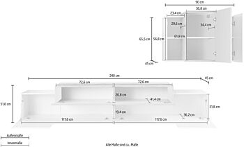 Mobile Porta TV moderno L.240 cm con pensile sospeso in finitura Bianco