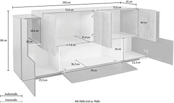 Spaziosa Credenza finitura Antracite e Oak, 6 ante e 1 ribalta