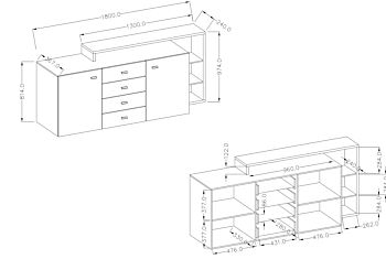  Credenza multiuso 2 ante e 4 cassetti, noce e antracite spatolato