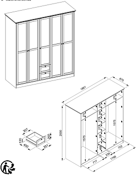 Armadio battente di design con 5 ante e 2 cassetti, finitura bianca Zenzero Shop