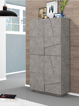 Scarpiera a 4 ante con disegni geometrici in finitura Beton