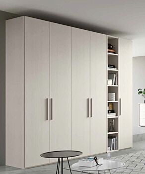 Armadio moderno con libreria, finitura larice bianco, Made in Italy