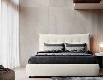 Letto matrimoniale con cassettone in ecopelle bianca con contenitore, Made in Italy