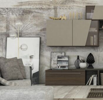 Parete attrezzata con pensili e libreria,  disponibile in diverse finiture, Made in Italy