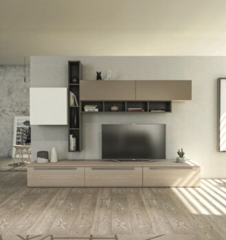 Parete attrezzata Olmo Perla con frontali e elementi sospesi in finitura Bianco seta e Visone e librerie color Fango