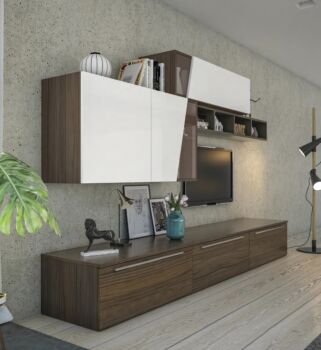 Parete attrezzata Noce con frontali e elementi sospesi in finitura Bianco seta e libreria orizzontale color Fango