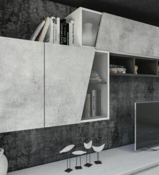 Parete attrezzata Bianco frassino con frontali e elementi sospesi in finitura Cemento e libreria orizzontale color Fango