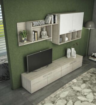 Parete attrezzata Olmo Perla con elemento sospeso Bianco seta, made in Italy