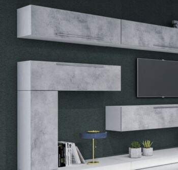 Parete attrezzata finitura Bianco Frassino, elementi sospesi e in appoggio con frontali in finitura Cemento