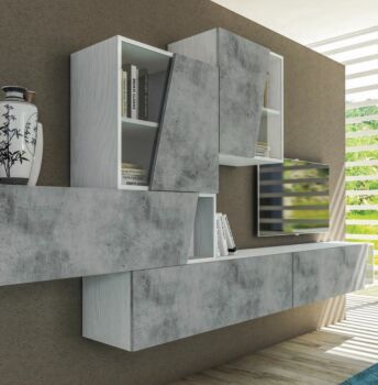 Parete attrezzata Bianco Frassinato con frontali in finitura Cemento, Made in Italy