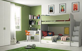 Letto castello salvaspazio in finitura Grigio dorian, Oliva e Rovere bianco