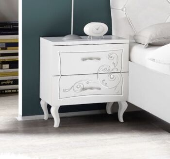 Coppia di comodini con 2 cassetti e serigrafia in finitura bianco opaco, Made in Italy