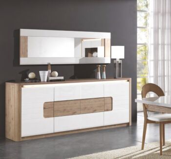 Madia 4 ante e 1 cassetto, bianco laccato e rovere wellington, made in Italy
