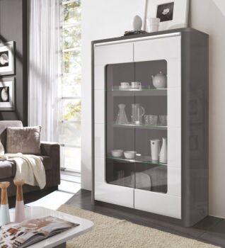 Vetrina 2 ante, grigio basalto lucido e bianco lucido, made in Italy