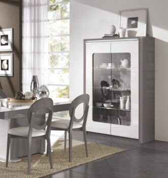 Vetrina 2 ante, grigio basalto lucido e bianco lucido, made in Italy