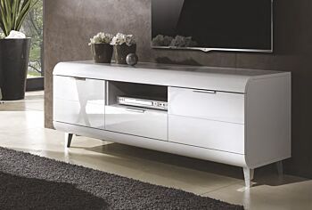 Porta TV con due ante e un cassetto, in finitura Bianco lucido, con piedini