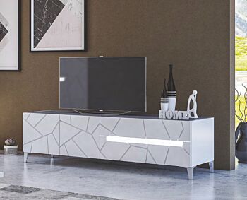 Porta TV a 2 ante, 1 cassetto e 1 ribalta, con dettagli geometrici