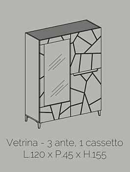Vetrina 3 ante, 1 cassetto,  con dettagli geometrici