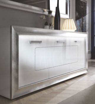 Madia 3 ante bianca lucida con cornice argento, Made in Italy