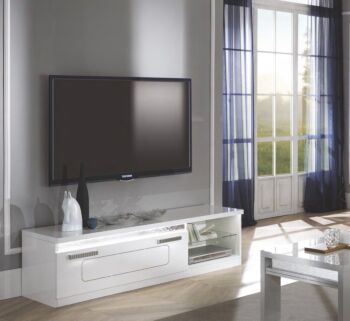 Porta TV bianco lucido con dettagli argento, Made in Italy