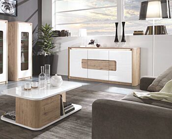 Tavolino da salotto con 2 ante, bianco lucido e rovere wellington