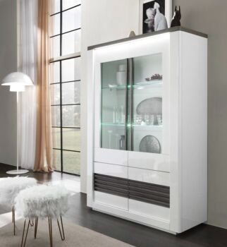 Vetrina 4 ante, bianco lucido e rovere adamello, made in Italy