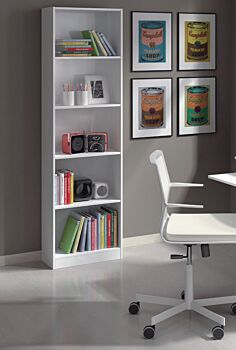 Libreria alta moderna, 4 ripiani, finitura bianco opaco