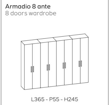Armadio moderno 8 ante battenti, finitura bianco nobilitato