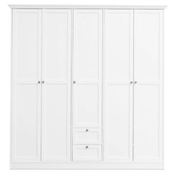 Armadio battente di design con 5 ante e 2 cassetti, finitura bianca Zenzero Shop