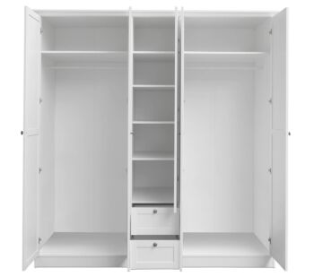 Armadio battente di design con 5 ante e 2 cassetti, finitura bianca Zenzero Shop