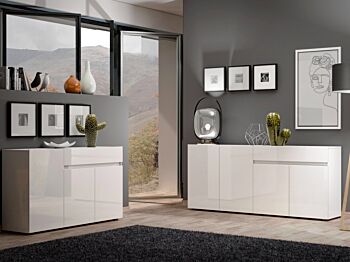 Sala in offerta composta da 2 madie moderne, finitura Bianco lucido