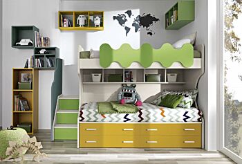 Letto a soppalco offerta: letto Megan in finitura betulla, giallo, verde prato e petrolio