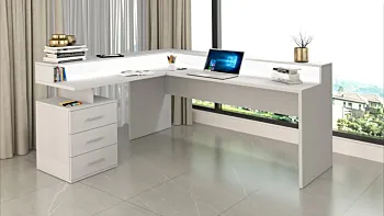 Scrivania angolare 3 cassetti, 180/160x90x60 h cm, Bianco laccato lucido
