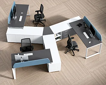 Scrivania angolare con mobiletto contenitore L.240 H.75 P.100/182, Cadaques, Grigio titanio, Bianco opaco