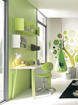 Scrivania bambini con cassettiera Moretti Compact, finitura Betulla e Verde cedro