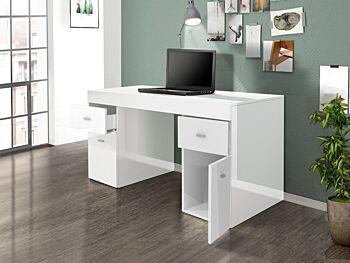 Scrivania 2 ante e 2 cassetti bianco larice e bianco lucido, made in Italy