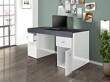 Scrivania 2 ante e 2 cassetti bianco lucido e ardesia, made in Italy