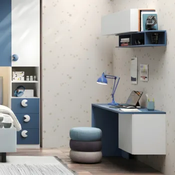 Scrivania con cubotto, L.138 H.74, Blu navy e Bianco opaco