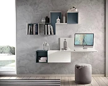 Zona studio con scrivania sospesa in finitura Bianco frassino e Blu reale