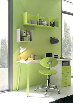 Scrivania bambini con cassettiera Moretti Compact, finitura Betulla e Verde cedro
