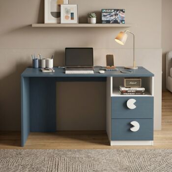 Scrivania 2 cassetti, 1 vano per camerette, Bianco opaco e Blu navy