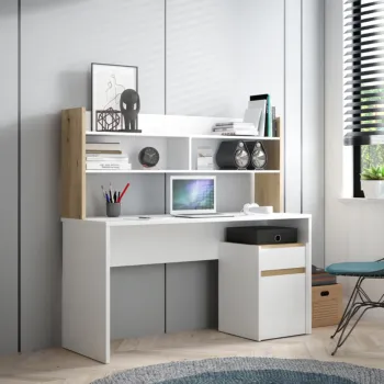 Scrivania con sopralzo, 140x52x132 h cm, Bianco e Rovere Artisan