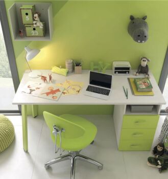 Scrivania bambini con cassettiera Moretti Compact, finitura Betulla e Verde cedro