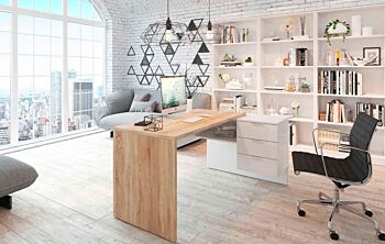 Ufficio moderno completo di 3 librerie e 1 scrivania, Bianco Artik e Rovere Canadian